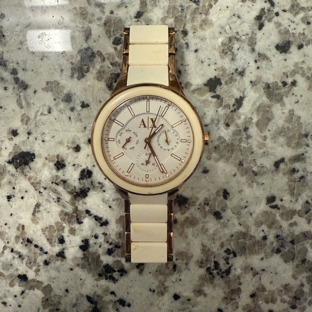 Armani Exchange white and rose gold watch